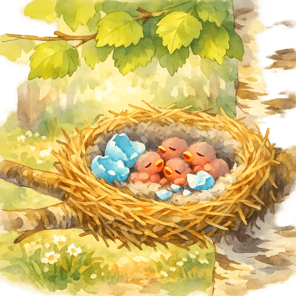 Разбитые голубые скорлупки и слепые птенчики в гнезде