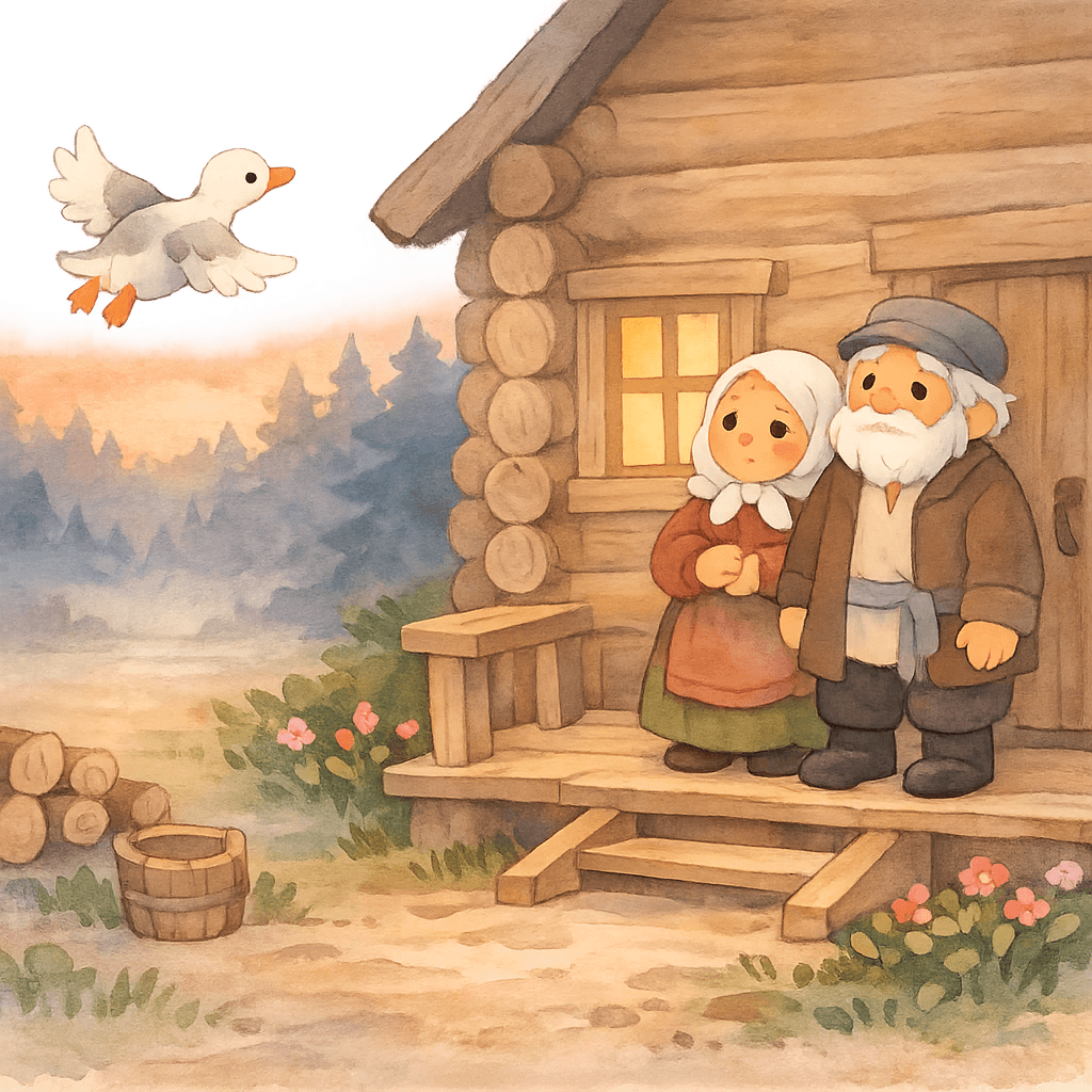 Уточка улетает, дед и баба грустят у избы