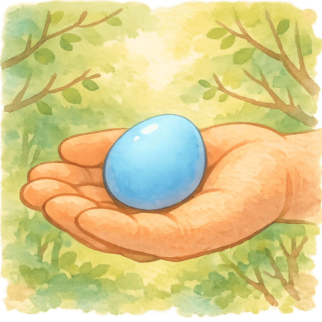 В руке спасённое чисто-голубое яичко каменки