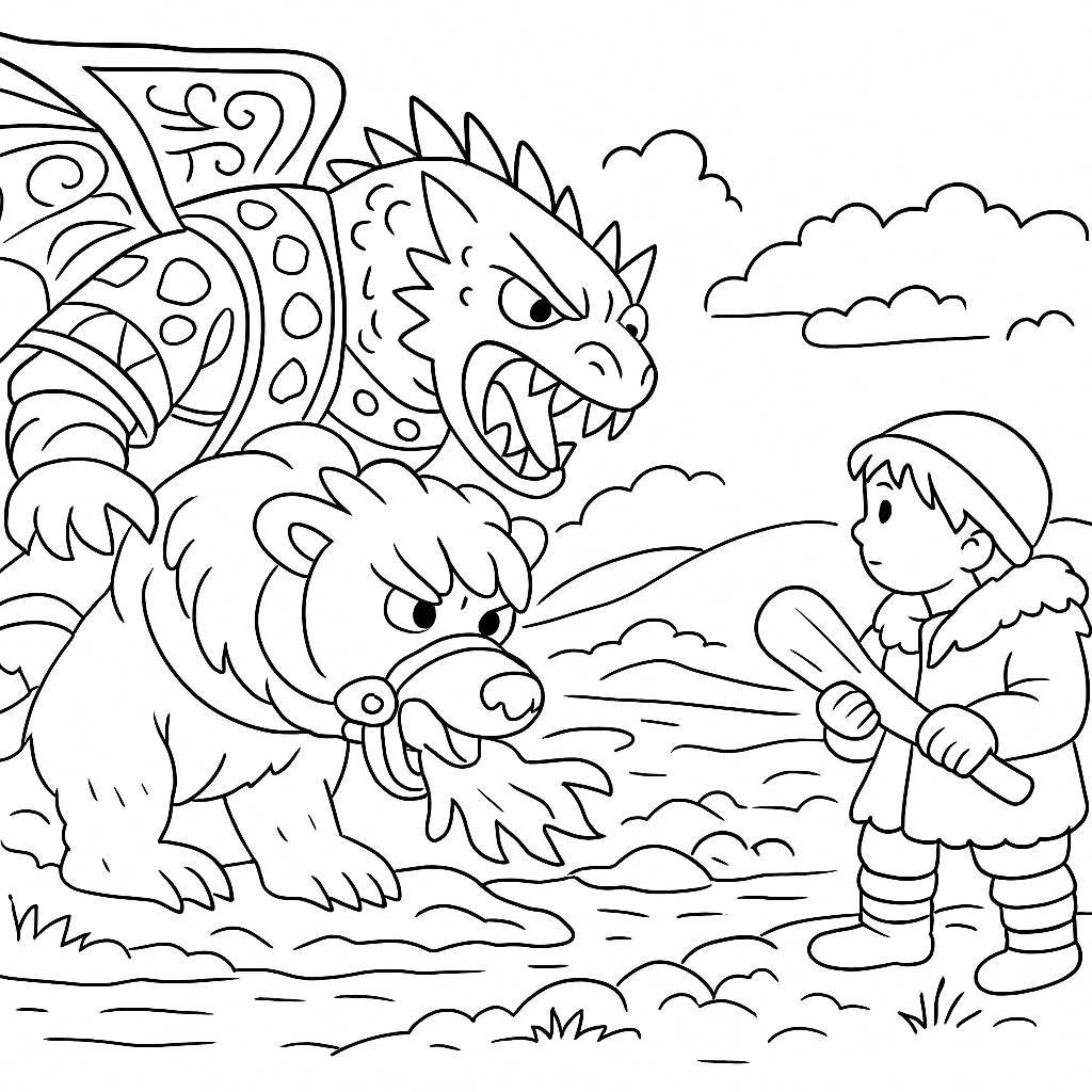 Раскраска по сказке "Алёша Попович и Тугарин Змей"