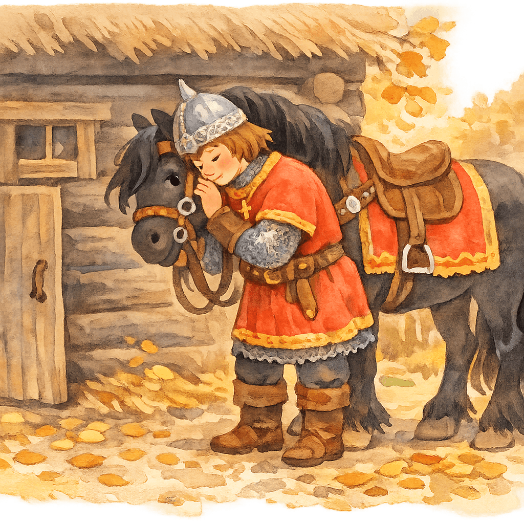 Алёша оседлал коня и просит его не оставить в беде