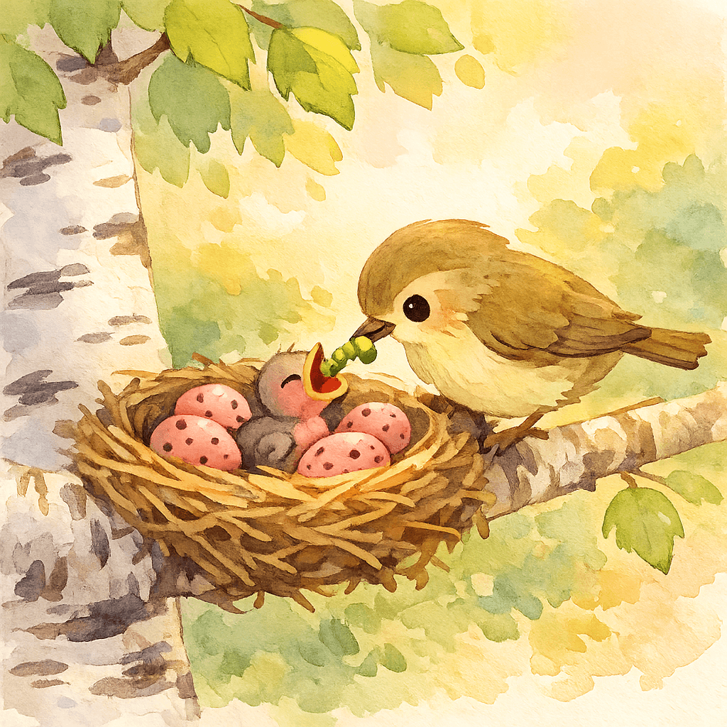 Пересмешка кормит птенчика каменки гусеницей