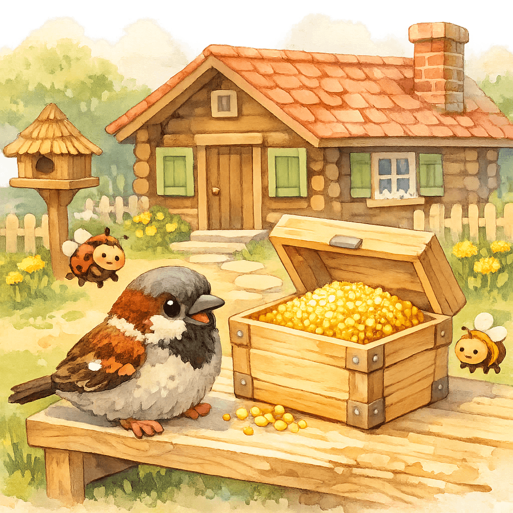 Чик получает ящик пшена от бабушки у домика