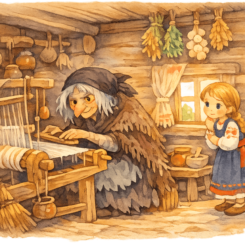 Баба-Яга заставляет девочку работать в избушке
