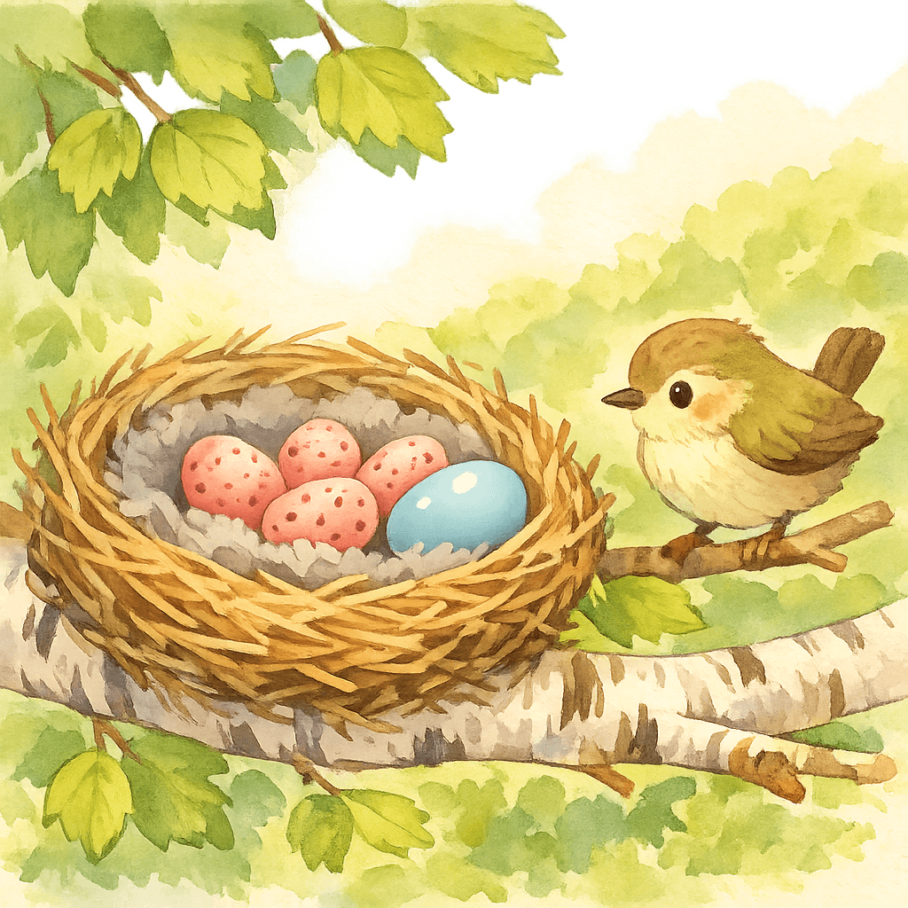 В гнезде рядом с розовыми яйцами лежит одно голубое