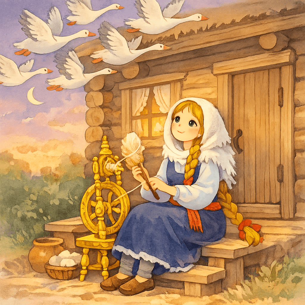 Девушка на крыльце с золотой прялочкой, летят гуси-лебеди