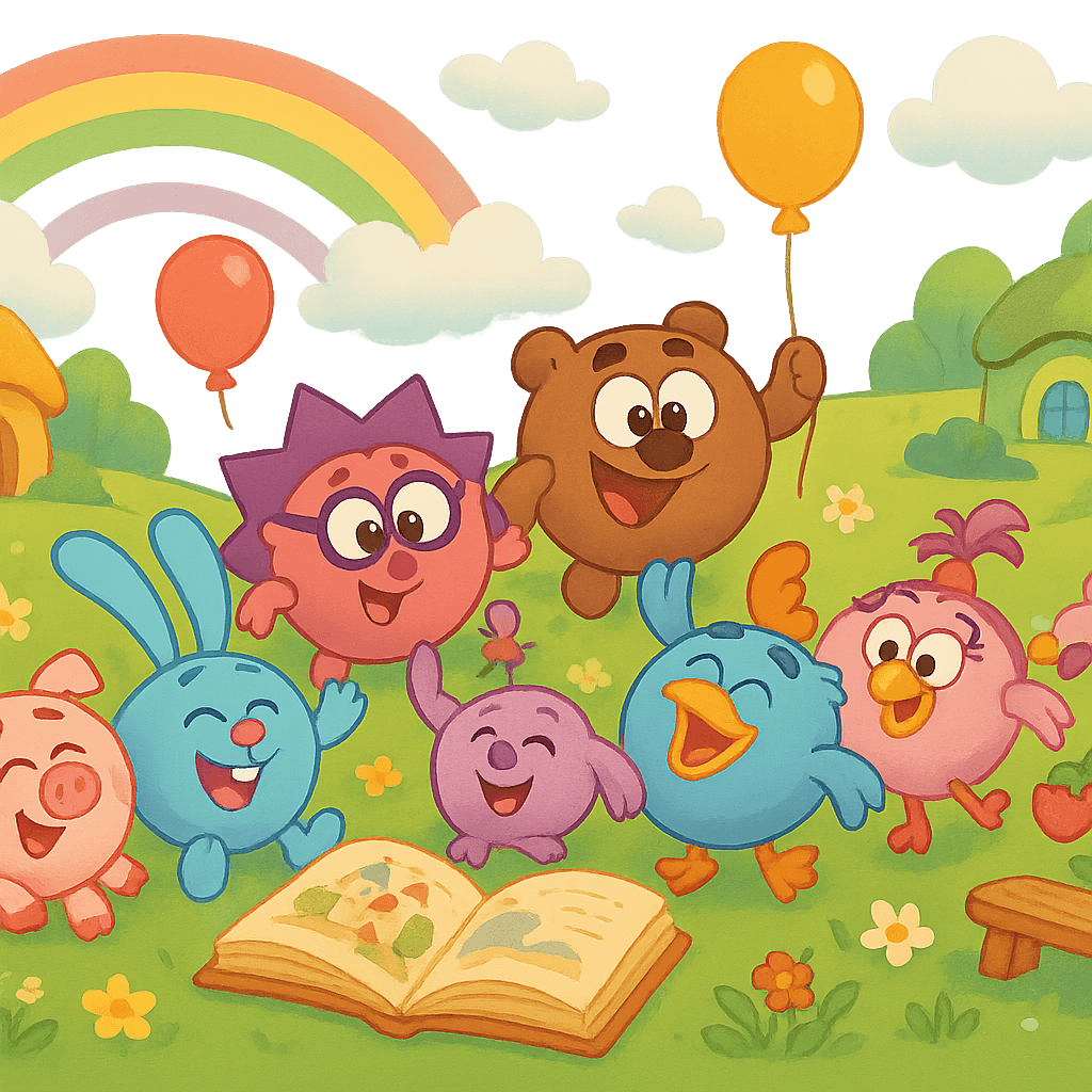 Смешарики на яркой солнечной полянке: герои мультфильма играют, листают большую книгу сказок и запускают воздушные шары. Радуга, пушистые облака, цветы и домики вокруг. Атмосфера дружбы, юмора и взаимопомощи, мультяшный стиль.