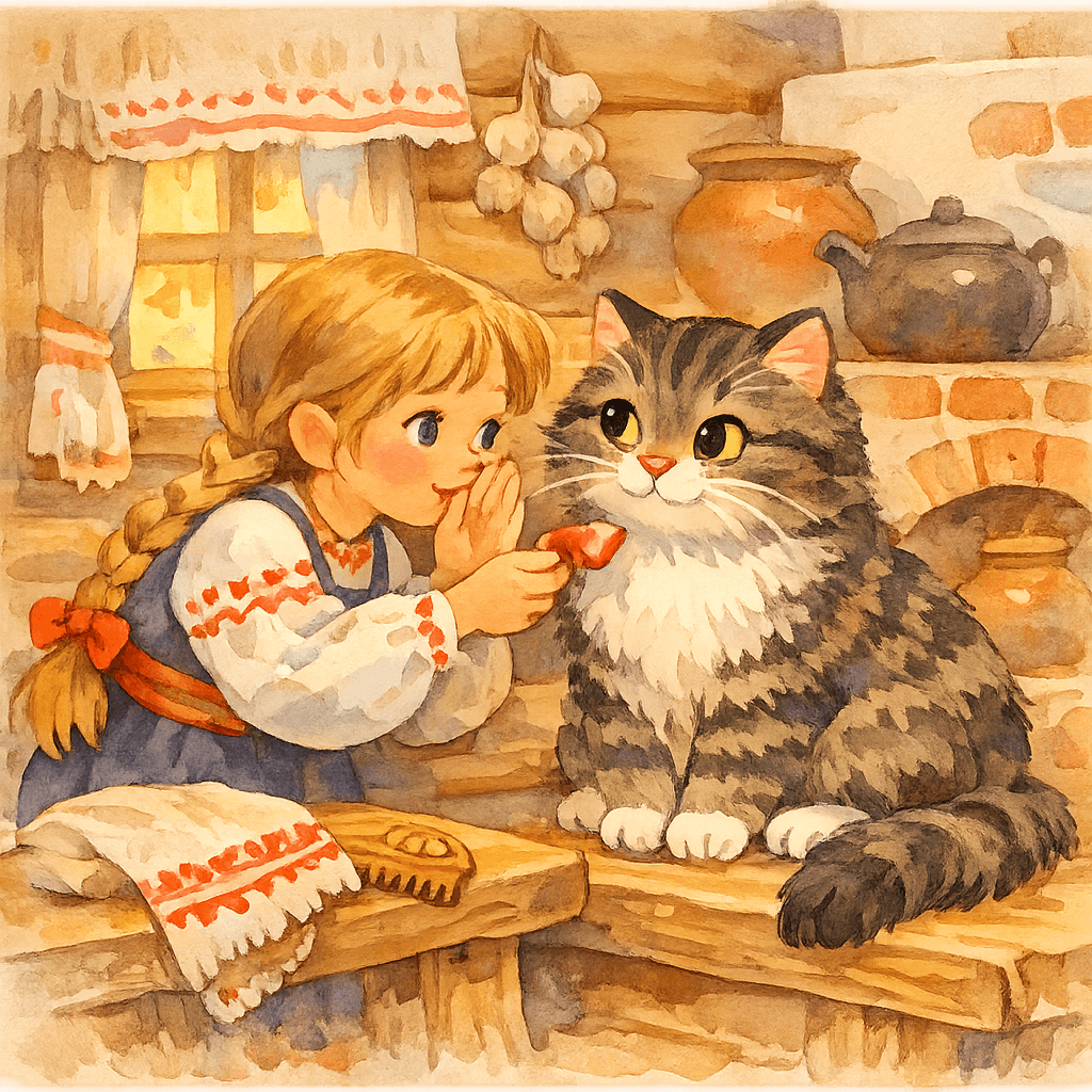 Девочка кормит котика и просит подсказку