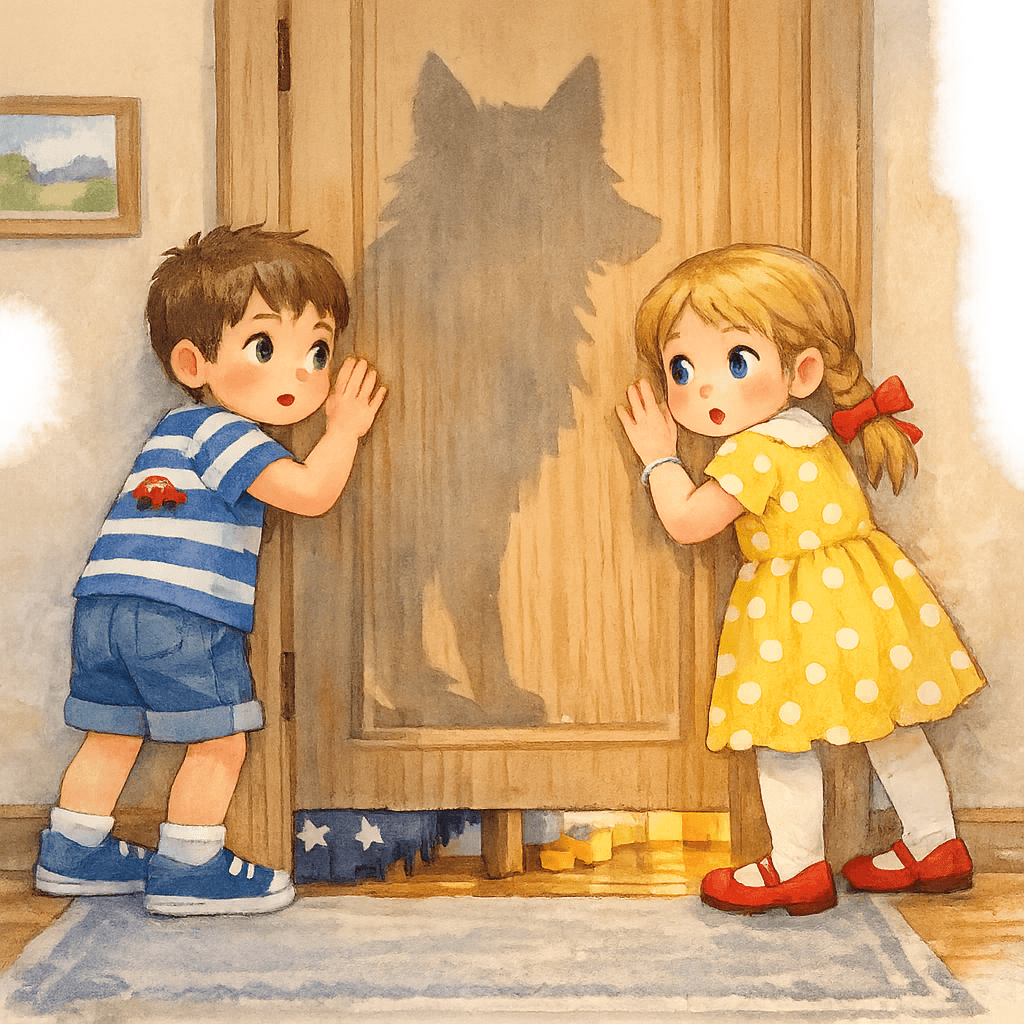 Петя и Валя в коридоре держат закрытую дверь детской комнаты, внутри виден край домика из одеяла.