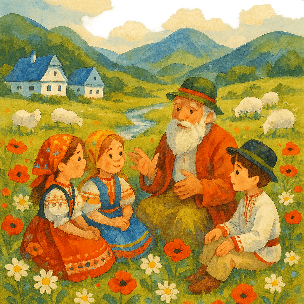 Дети слушают легенду у ручья на поляне в Словакии, овечки и цветы, национальные костюмы, семейная атмосфера.