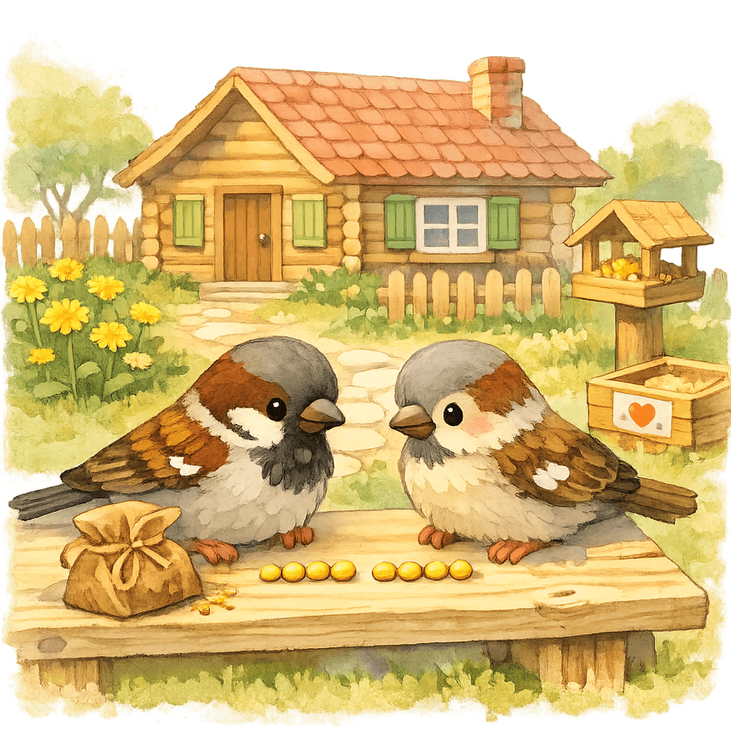 Чик и Чирик делят зёрна поровну и радуются дружбе