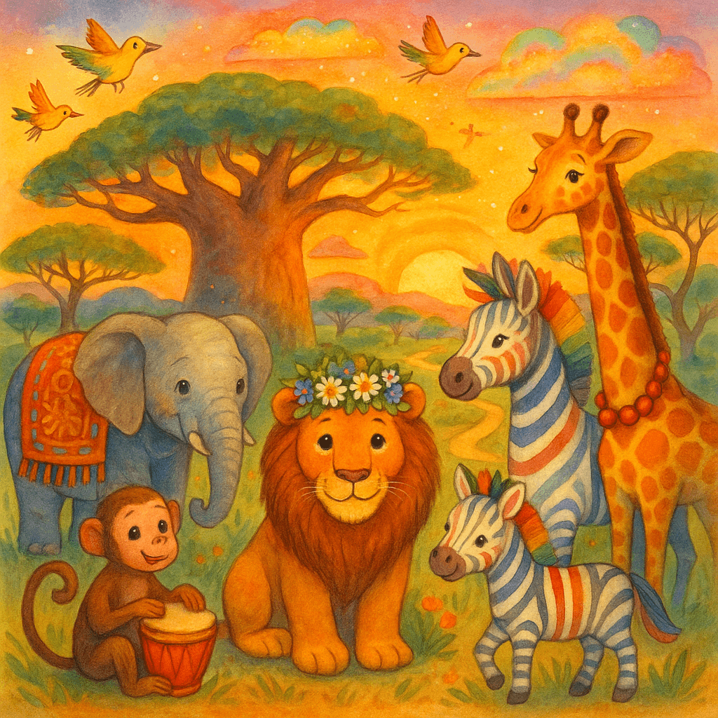 Лев, слон и зебра под баобабом на закате