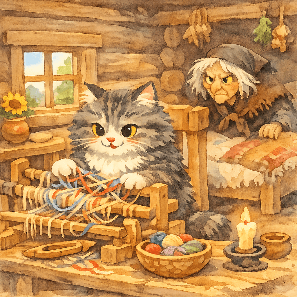 Котик путает нити, задерживая Бабу-Ягу