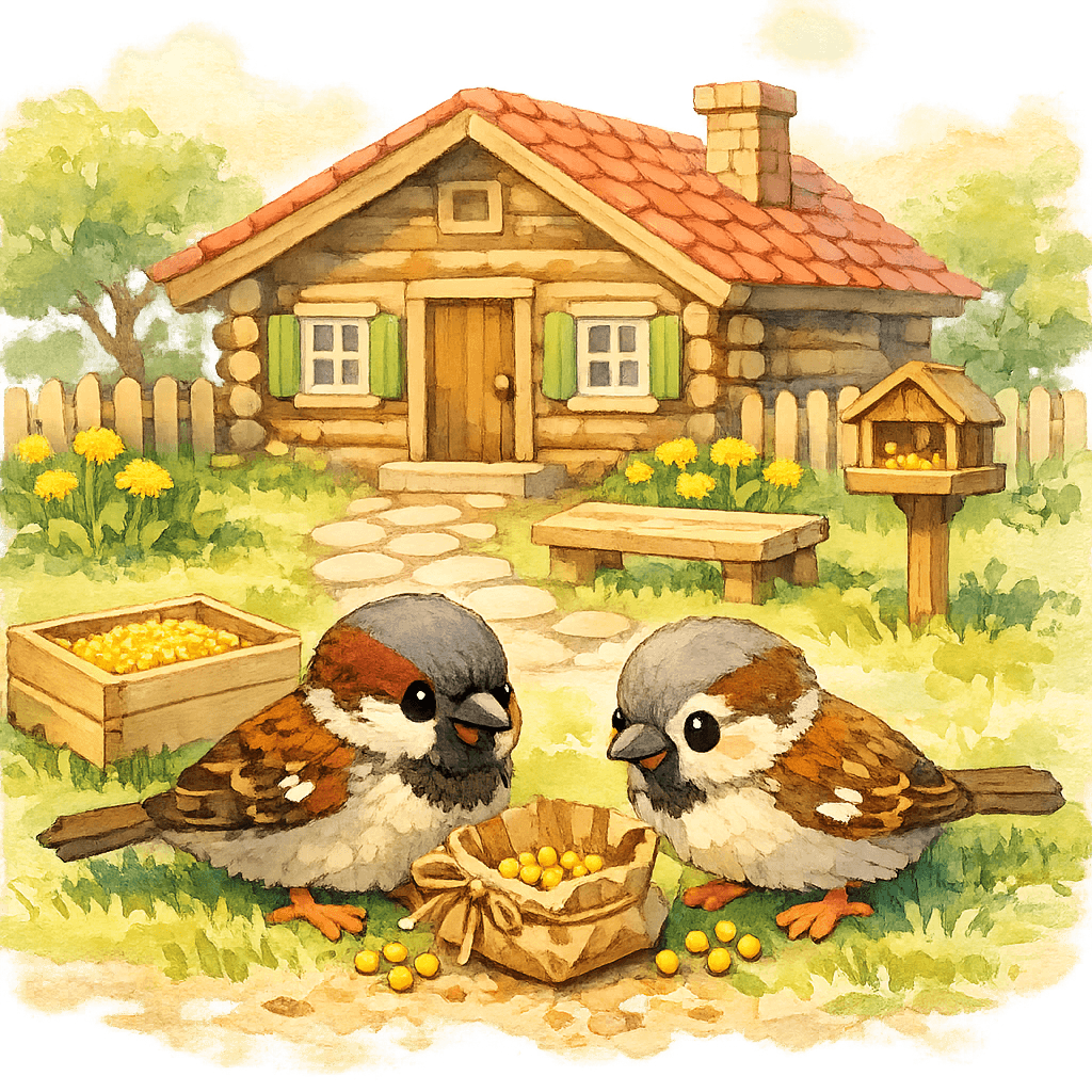 Два домовых воробья делят поровну зёрна пшена у деревенского домика