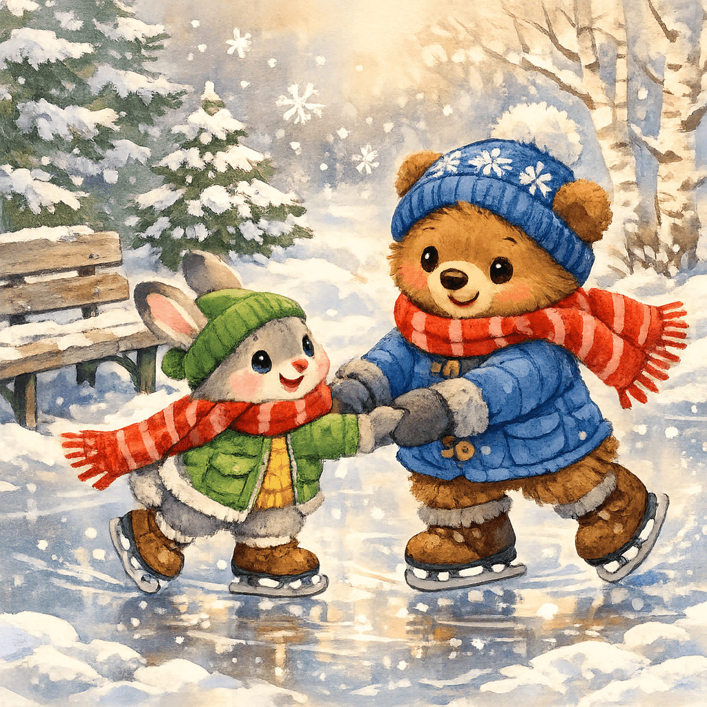 Потап и Хрустик катаются по льду, делятся красным шарфом