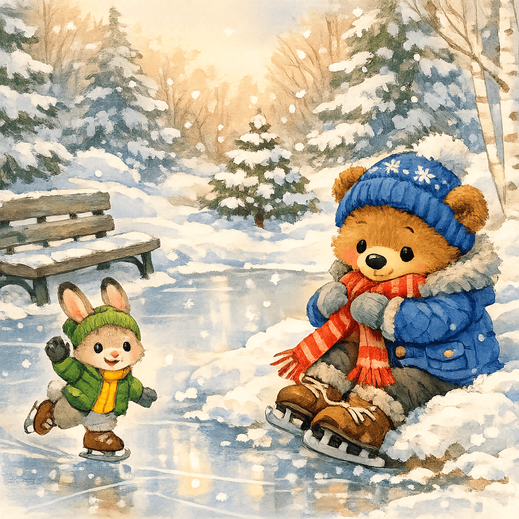 Потап шнурует коньки у катка, Хрустик уже на льду