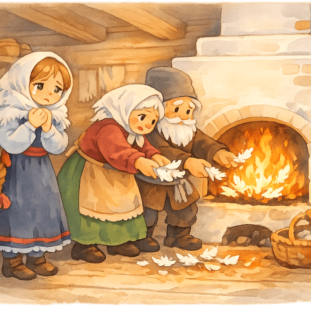 Дед и баба сжигают перышки в печи