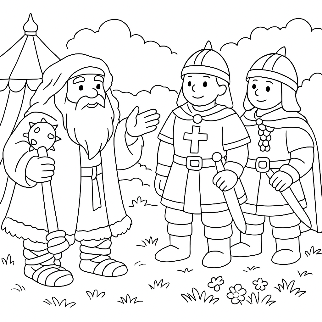 Раскраска по сказке "Алёша Попович и Тугарин Змей"