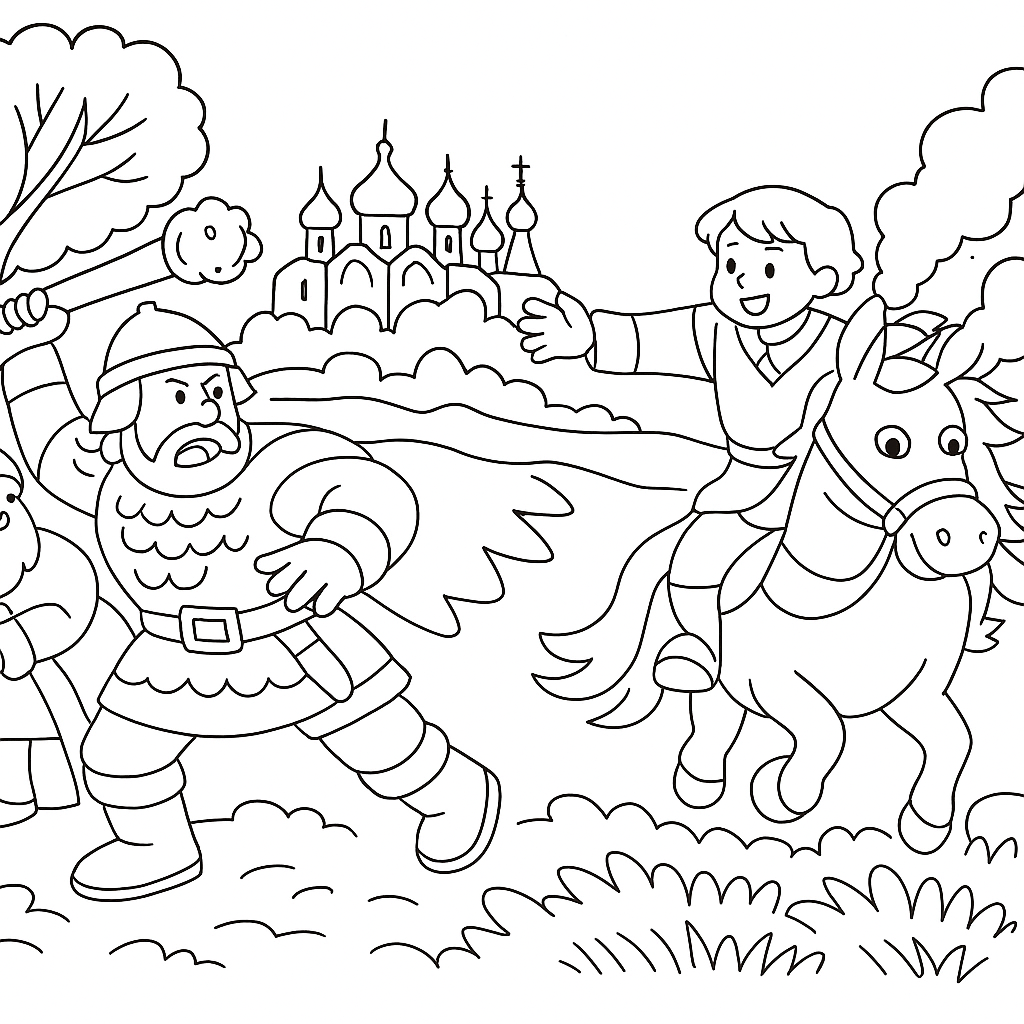 Раскраска по сказке "Алёша Попович и Тугарин Змей"