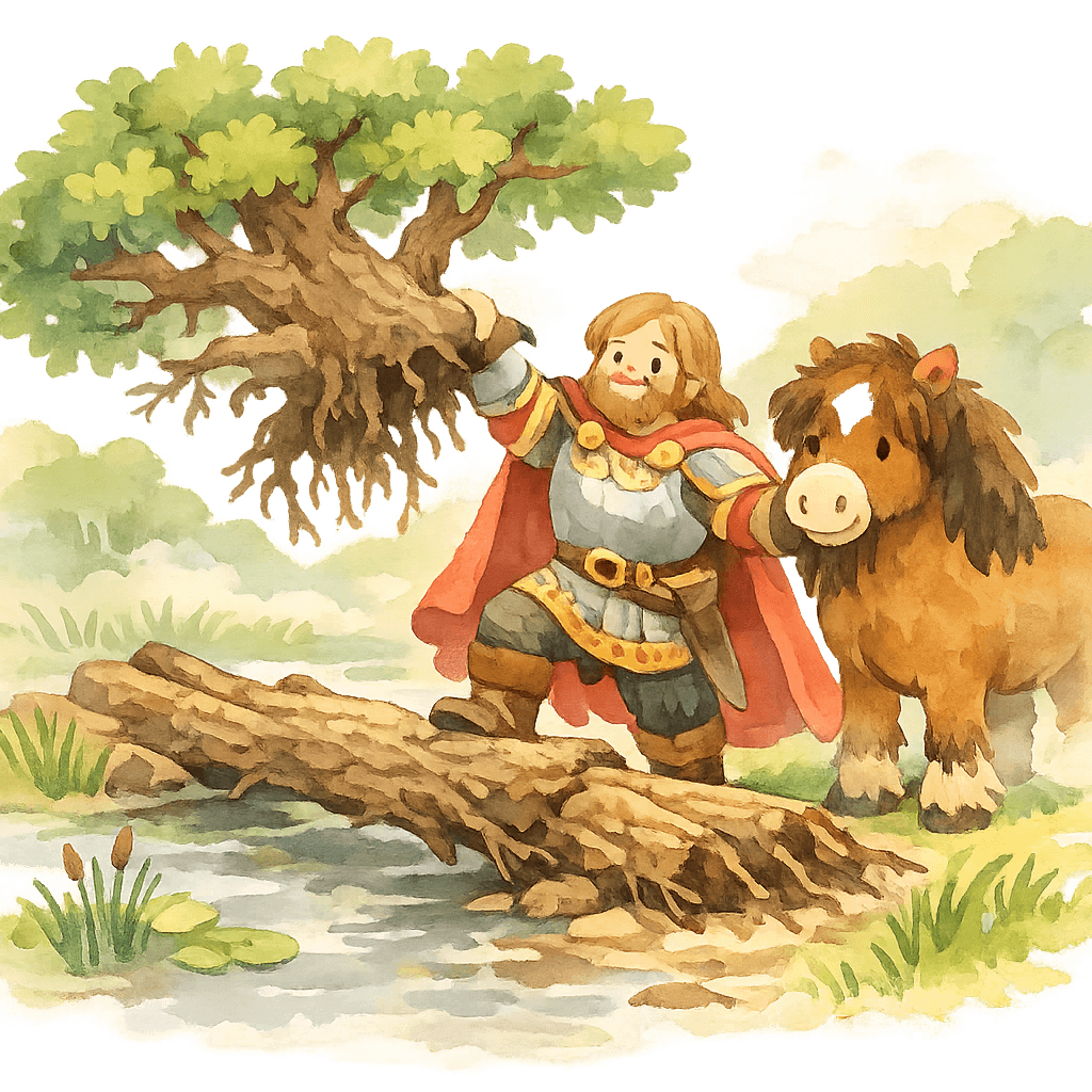 Илья Муромец раскладывает дубовые настилы через болото