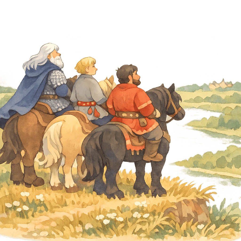 Илья Муромец с Алёшей Поповичем и Михайлом на краю поля