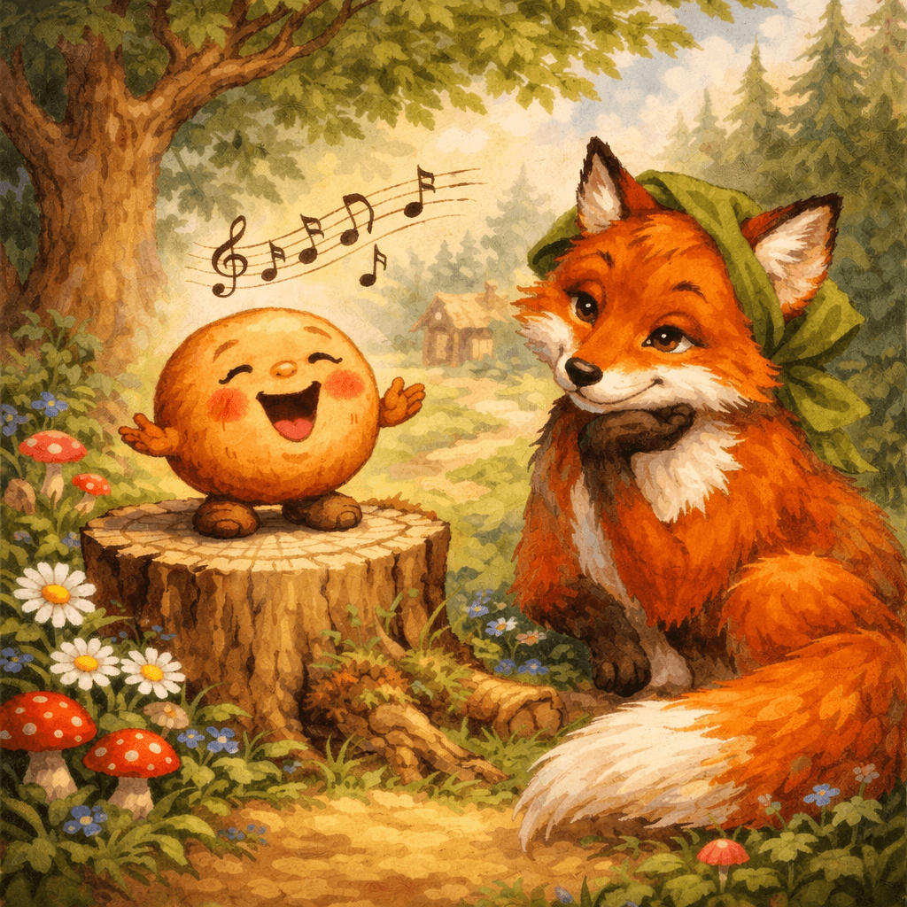 Колобок встречает лису на лесной поляне перед их разговором и песенкой