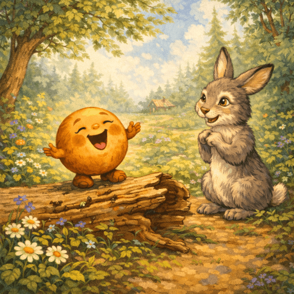 Колобок весело катится по лесной тропинке и встречает зайца на поляне, готовясь спеть ему свою пес��нку