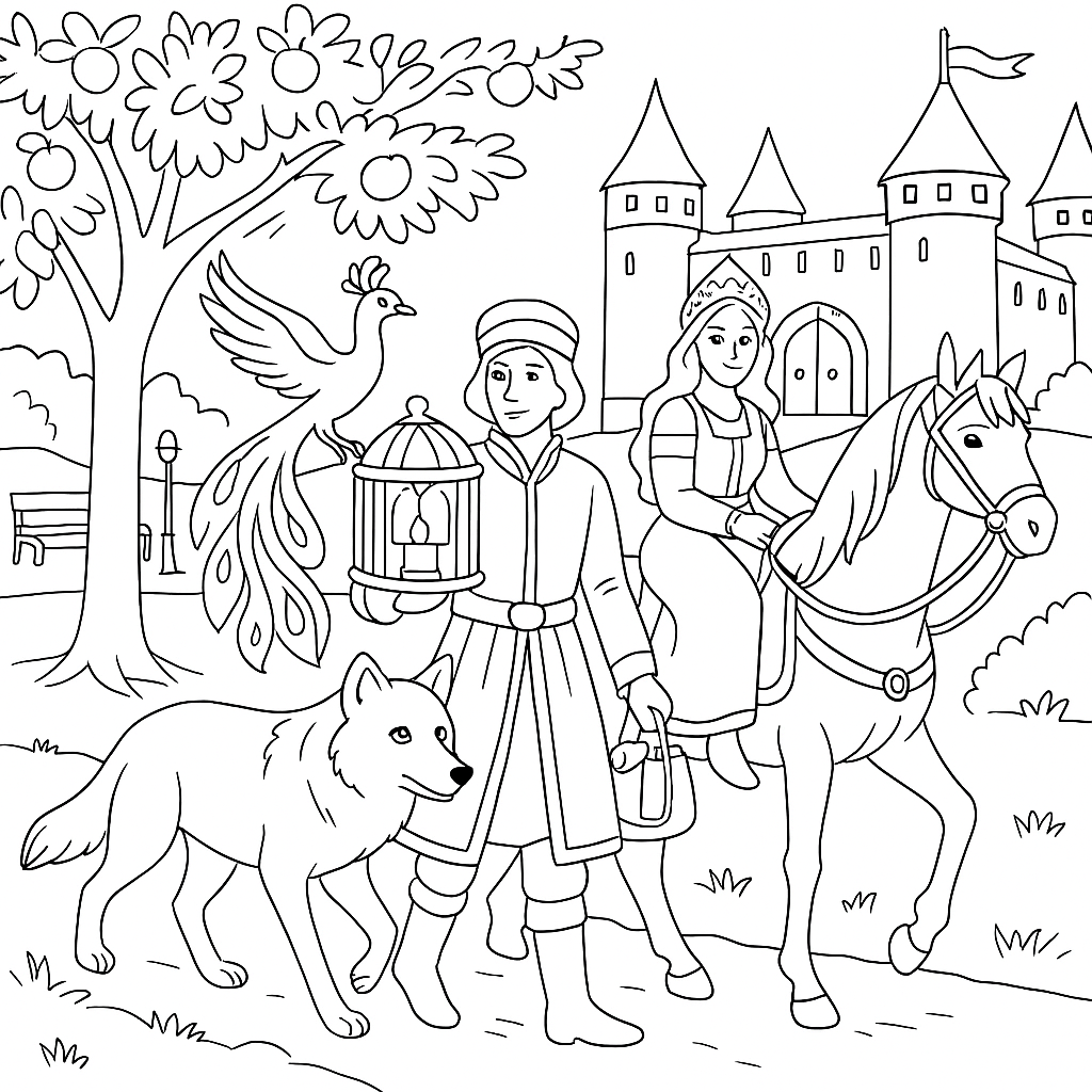 Раскраска по сказке "Иван-царевич и серый волк"