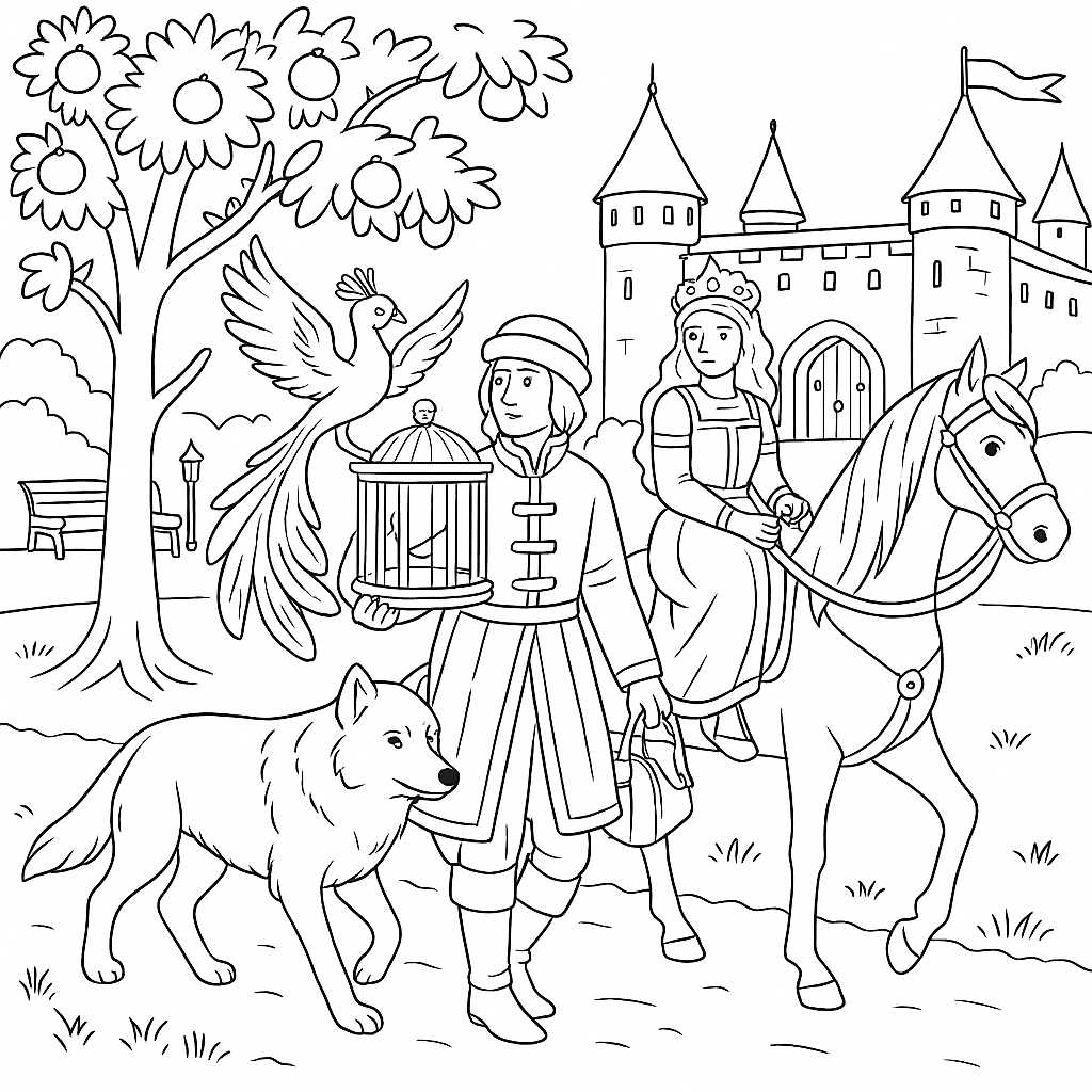 Раскраска по сказке "Иван-царевич и серый волк"