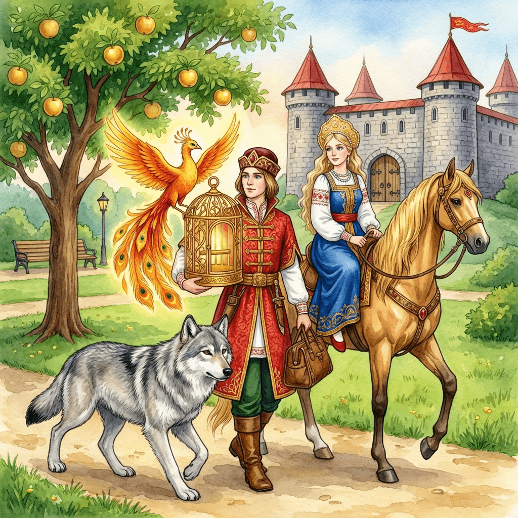 Иван-царевич, Серый Волк, Елена Прекрасная, златогривый конь и Жар-птица