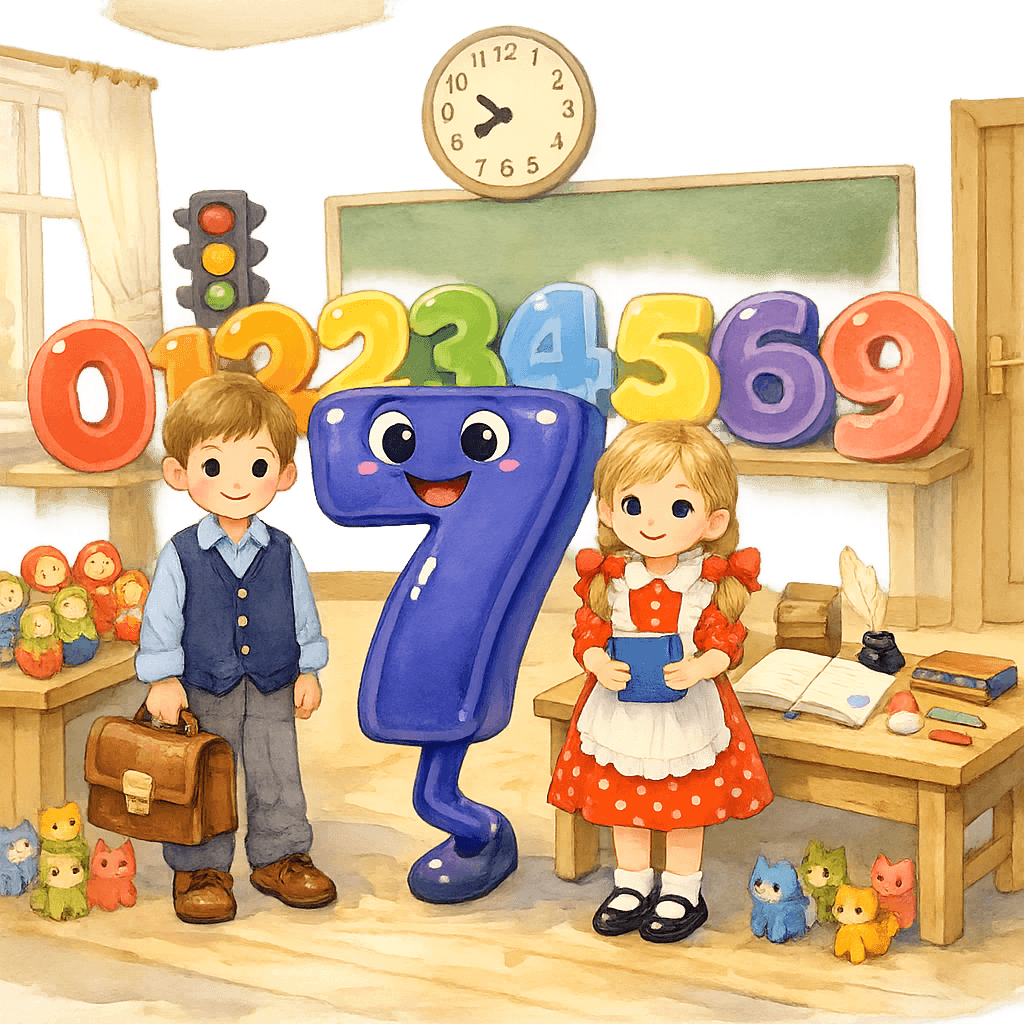 Цифра семь в виде индиго пластиковой фигуры с одной ногой как кочерга стоит у парты, где лежат семь школьных предметов; рядом мальчик и девочка внимательно рассматривают цифру в светлом классе с оформлением в акварельном стиле