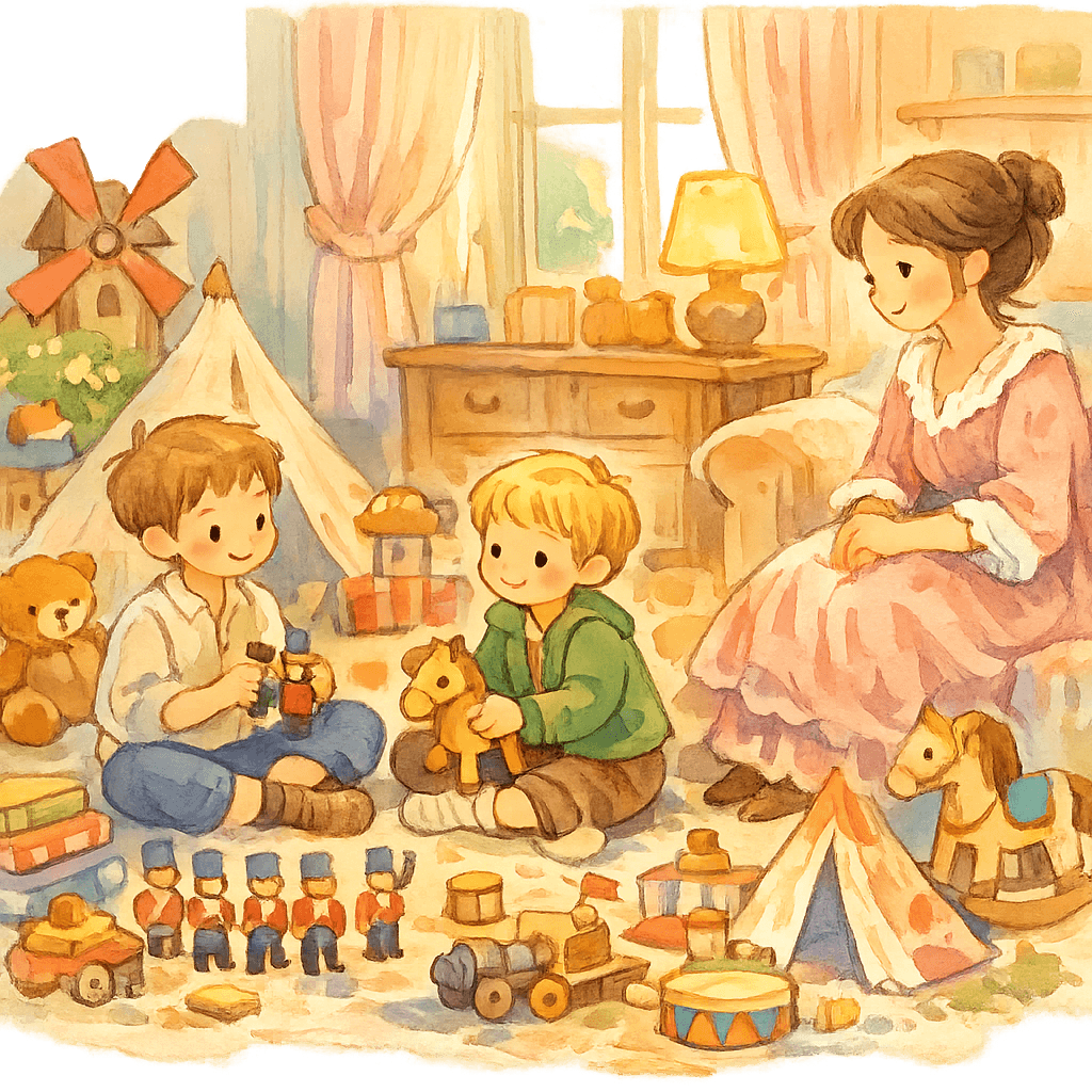 Володя показывает Прошке свои игрушки, вокруг уютная детская комната