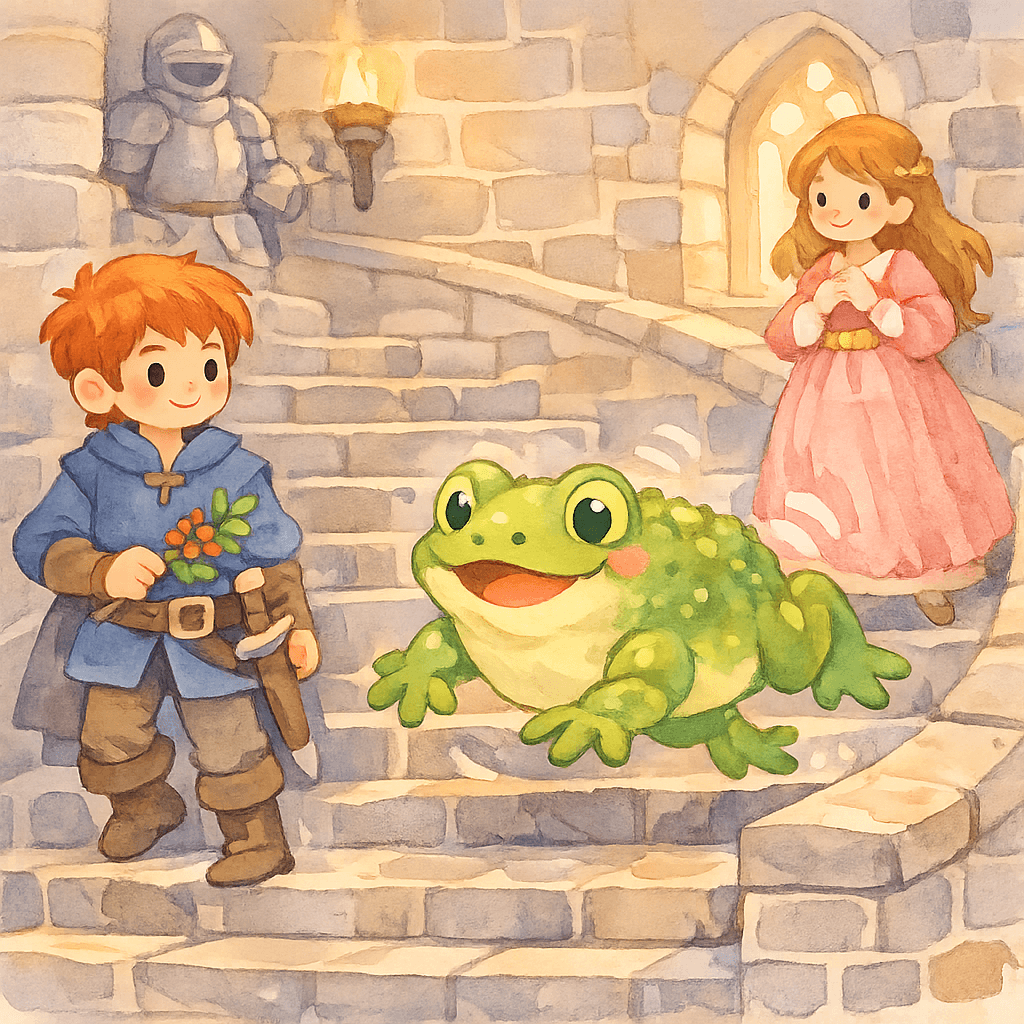 Жаба-колдунья скачет вниз по лестнице замка