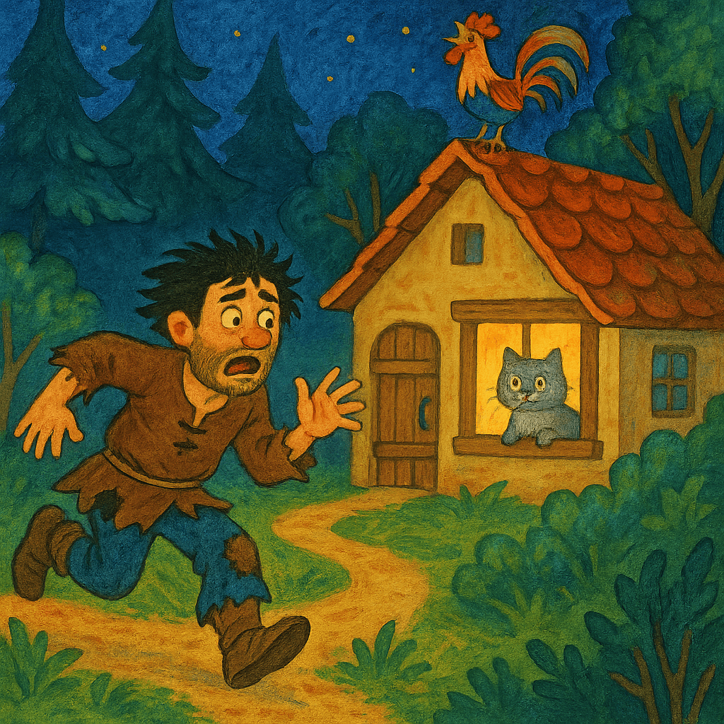 Разбойник с испугом убегает от дома