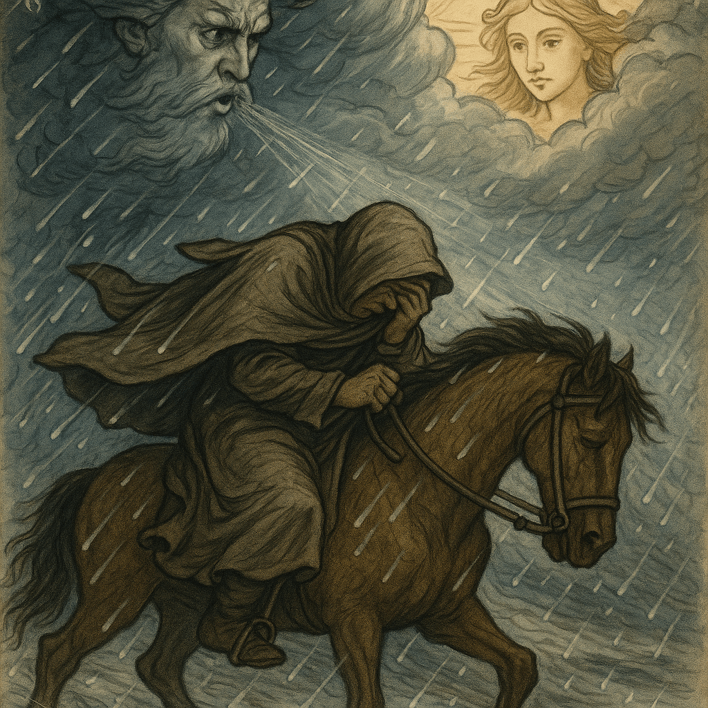 Ветер дует изо всех сил, дождь и снег хлещут, путник кутается в плащ.