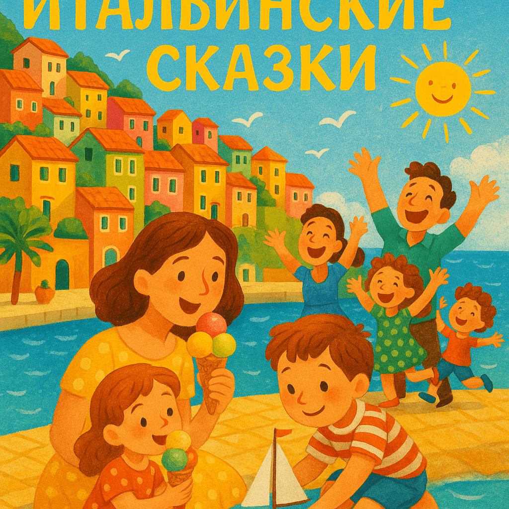 Итальянский городок у моря, яркие домики, мама с дочкой едят мороженое на площади, мальчик с лодкой, атмосфера праздника и солнца.