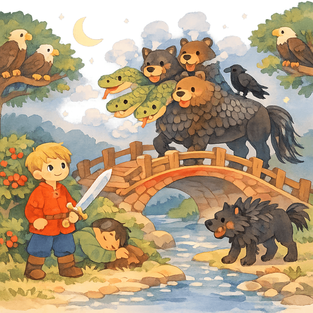 Иван спрятан под мостом, старший брат спит, на калинов мост въезжает чудо-юдо с шестью головами