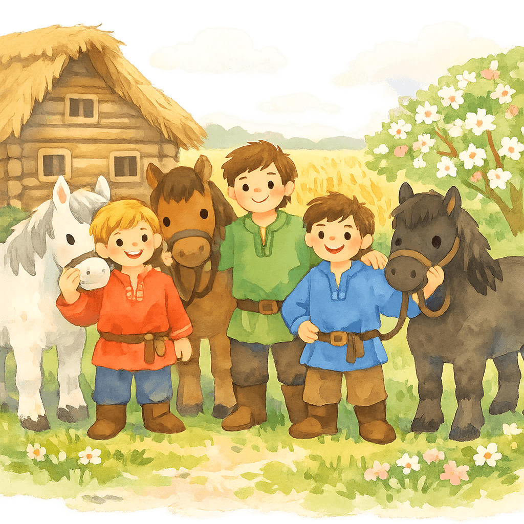 Иван и братья с конями возвращаются домой к родителям, все радуются