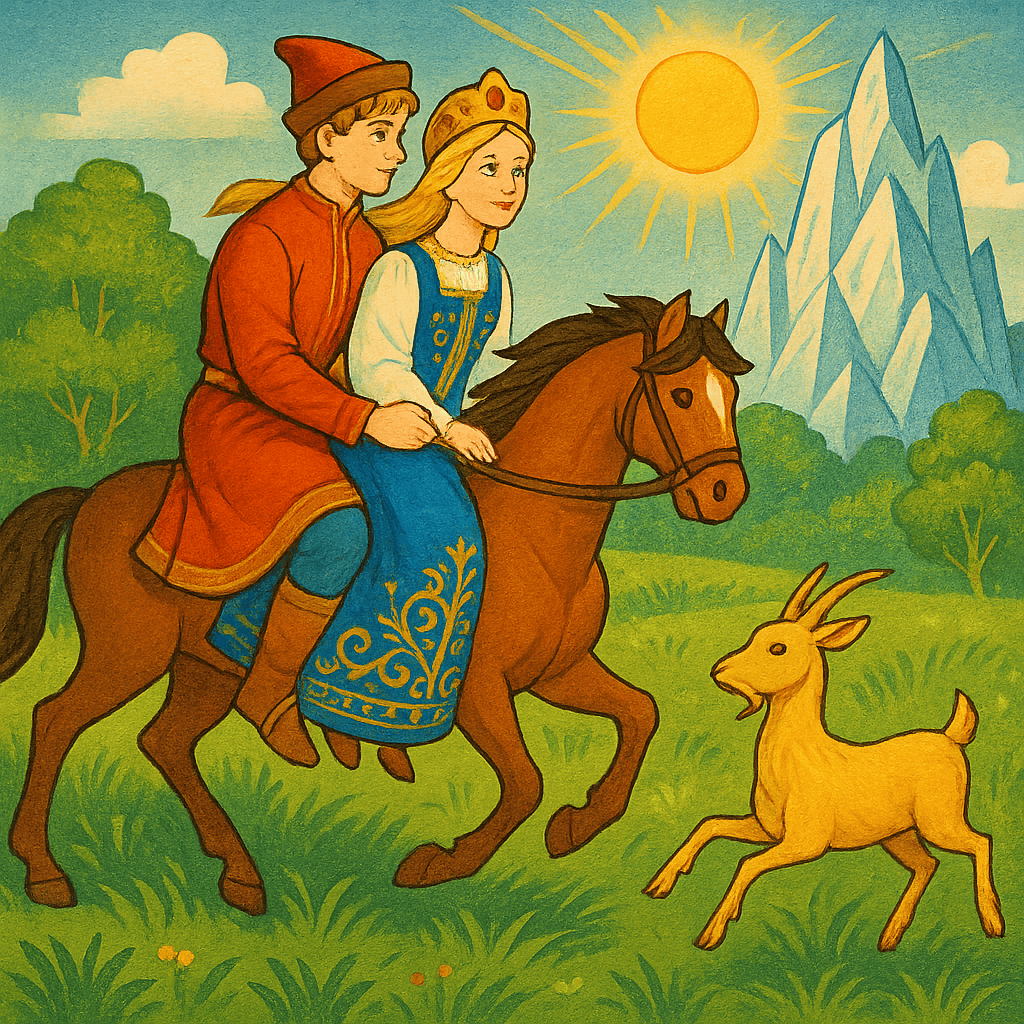 Иван-царевич и царевна рядом с хрустальной горой, перед ними золотая коза.