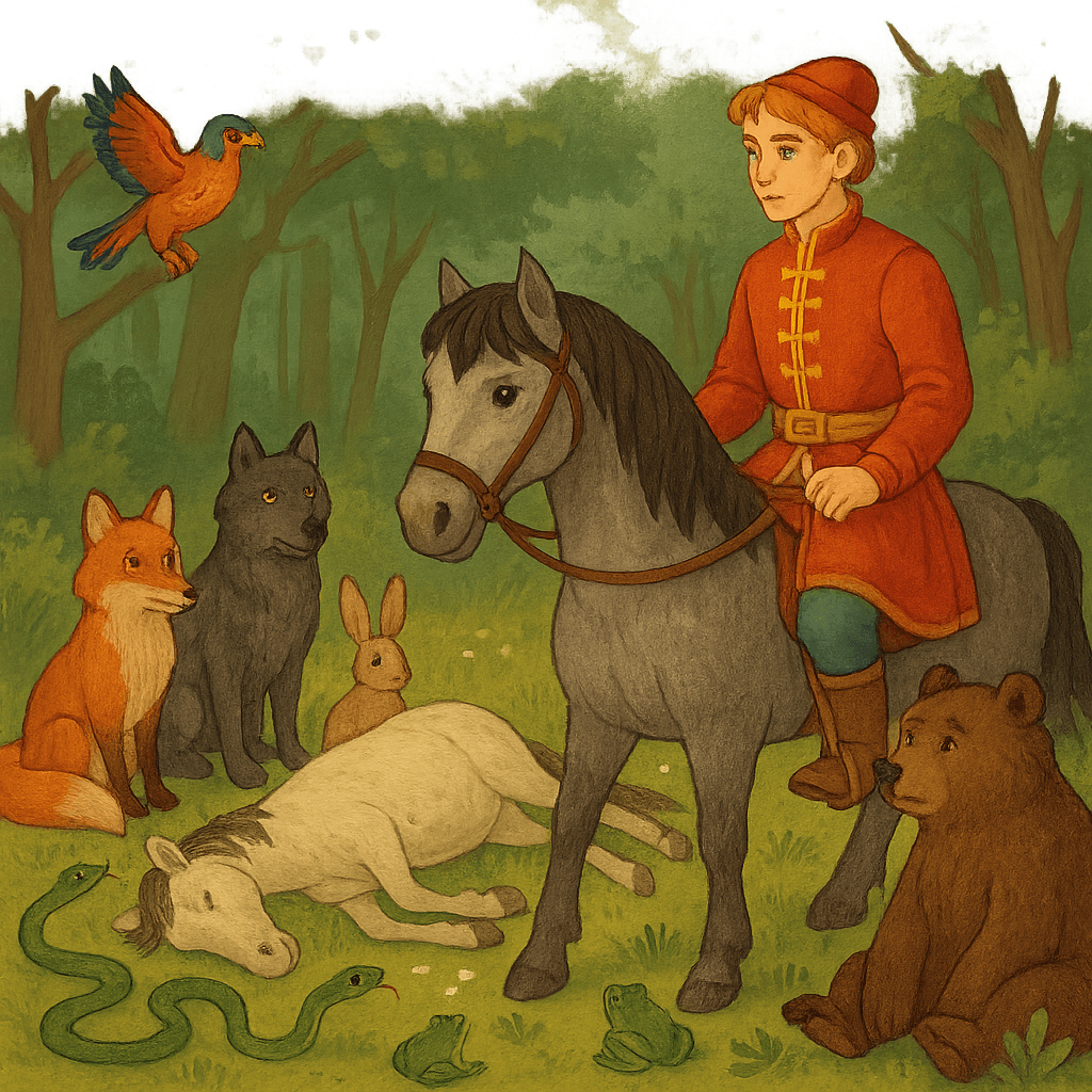 Иван-царевич на поляне среди зверей, птиц и гадов перед павшей лошадью.