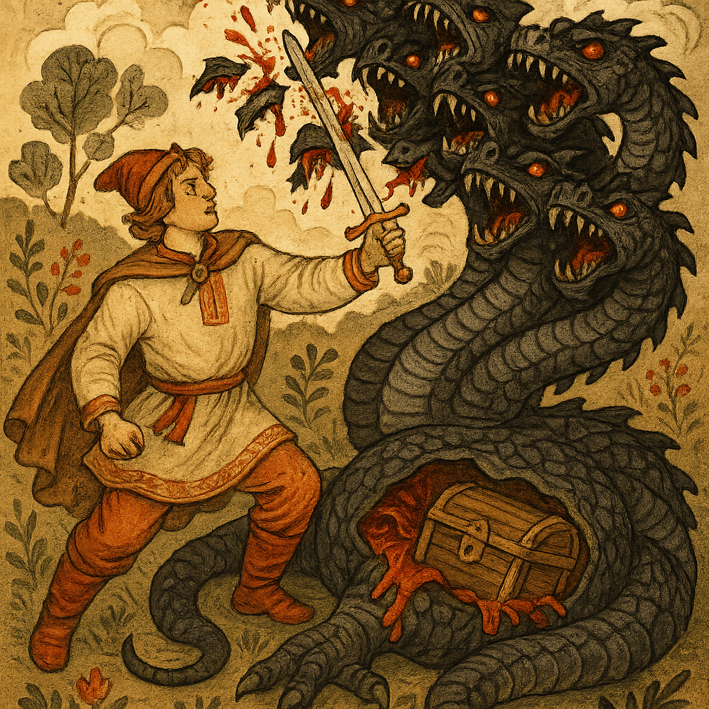 Битва Ивана-царевича с двенадцатиглавым змеем и открытие сундука.