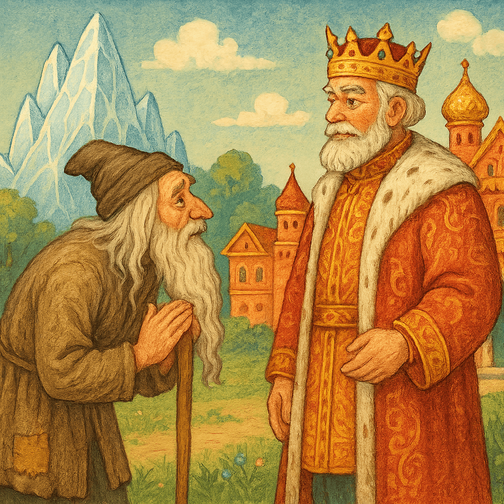 Иван-царевич в образе старика просится в пастухи к царю.