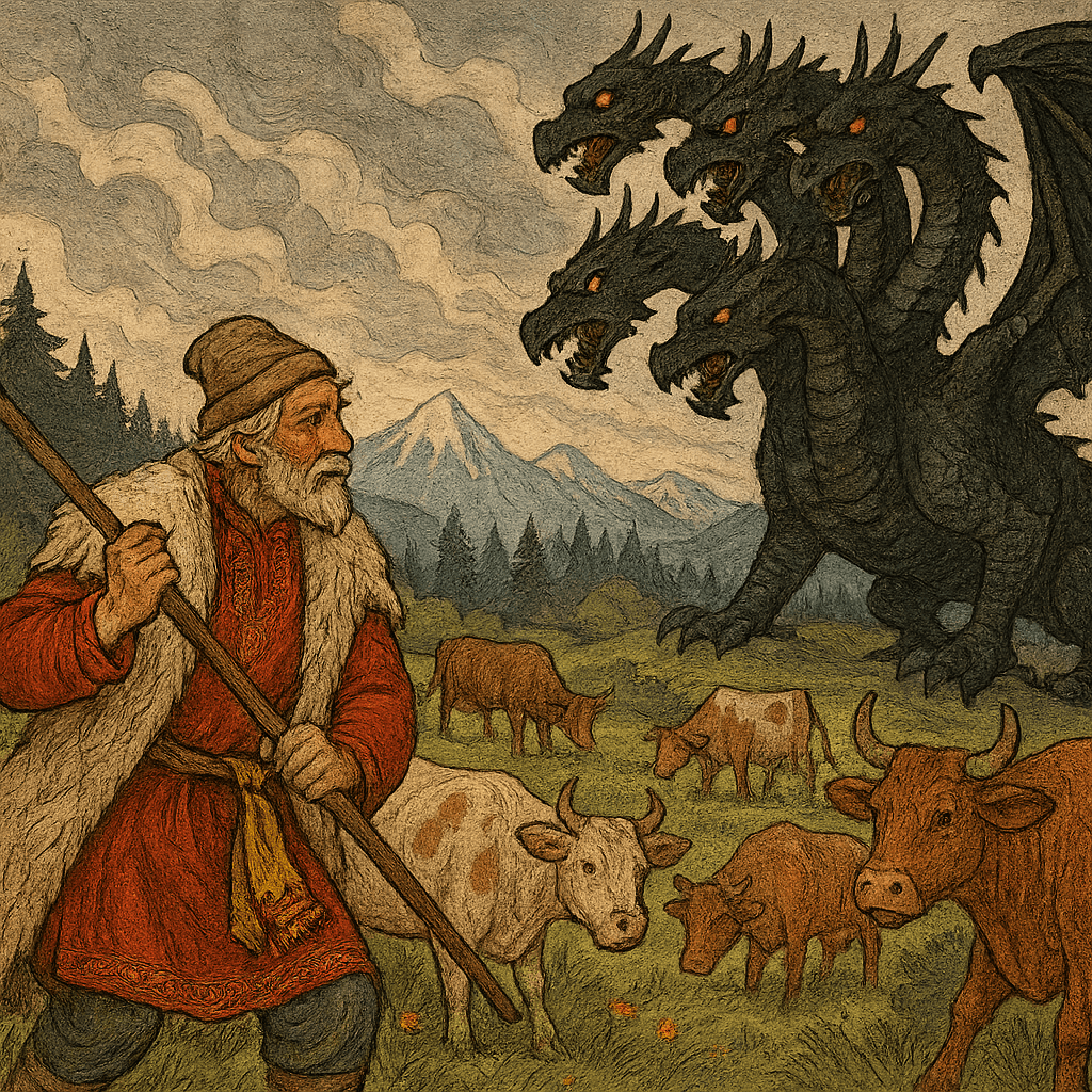 Пастух и шестиглавый змей среди стада коров у горы.