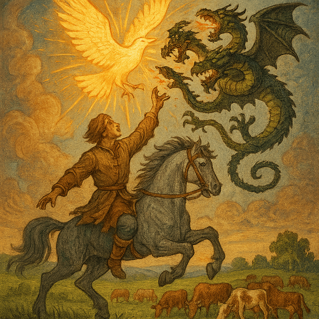 Битва Ивана-царевича-сокола с трёхглавым змеем в небе, внизу коровы.