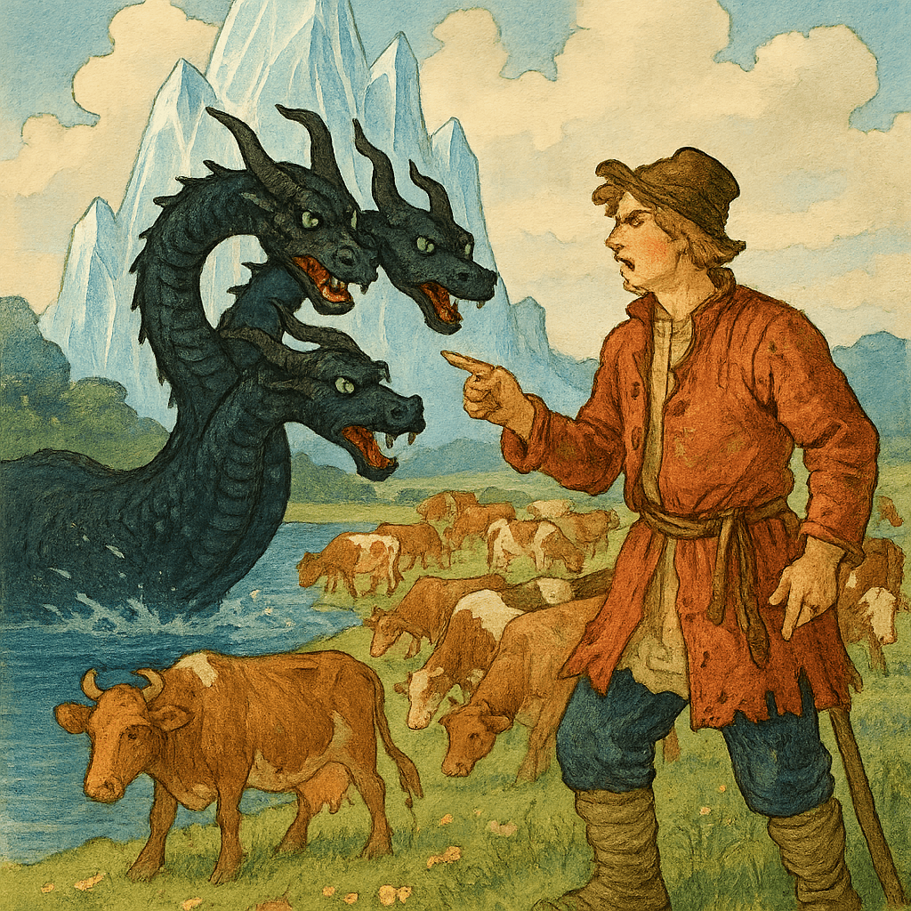 Пастух Иван-царевич и трёхглавый змей у озера на фоне коров.