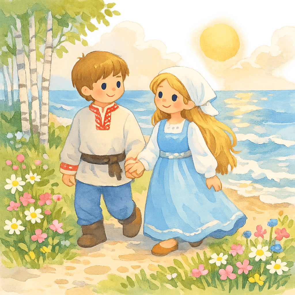 Иван Несчастный и царевна идут по берегу моря.