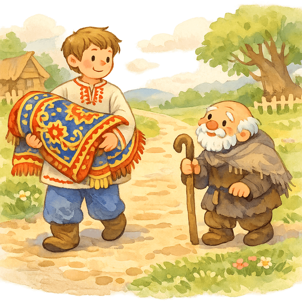 Иван с ковром встречает старика на дороге.