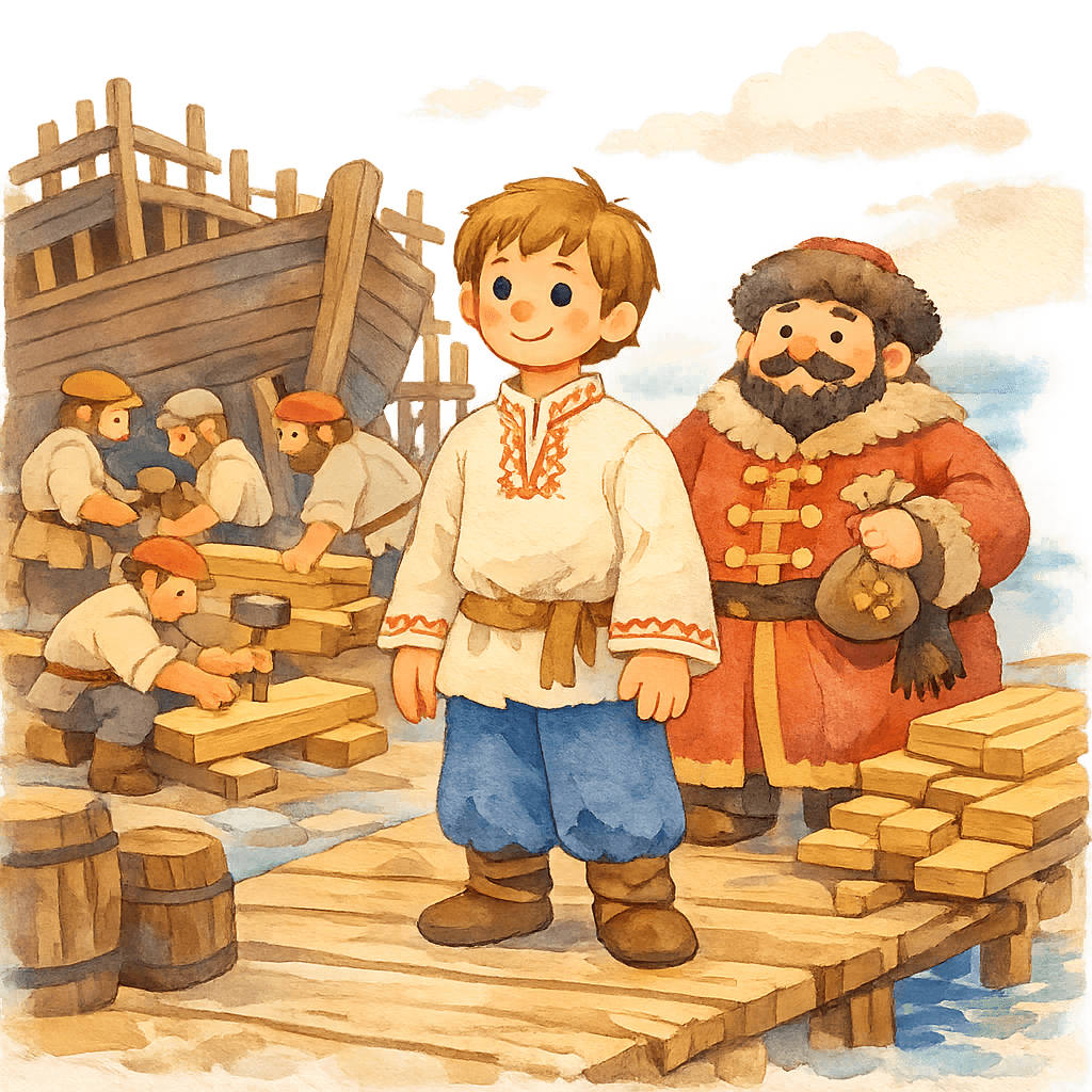 Иван Несчастный на пристани с купцом и рабочими строит корабль.
