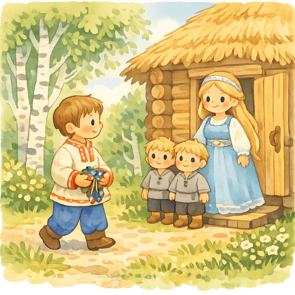 Иван возвращается домой, у пустыньки царевна и два сына-близнеца.