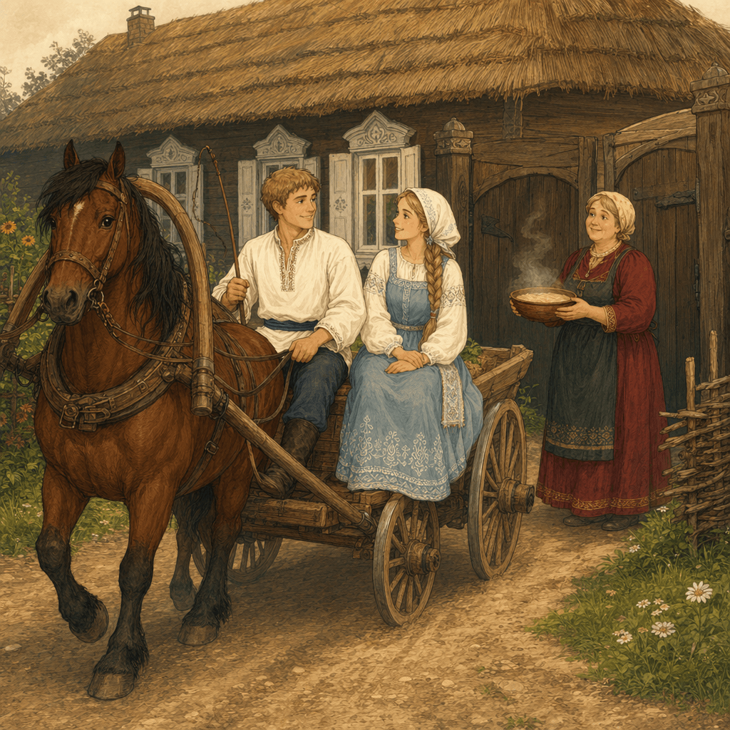 Иванка на телеге с женой Параской у ворот дома, тёща с миской киселя
